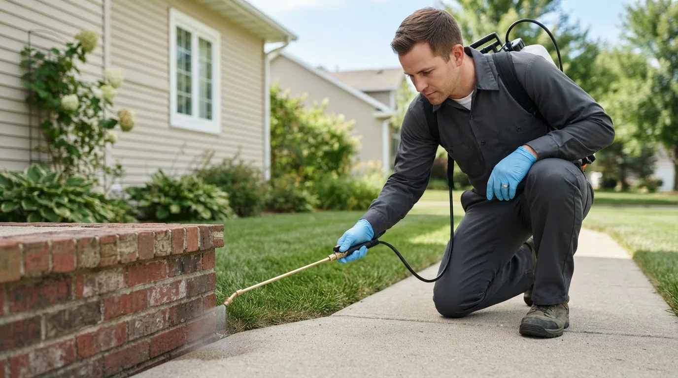 Pest control technician treating a home near Martinsburg, OH