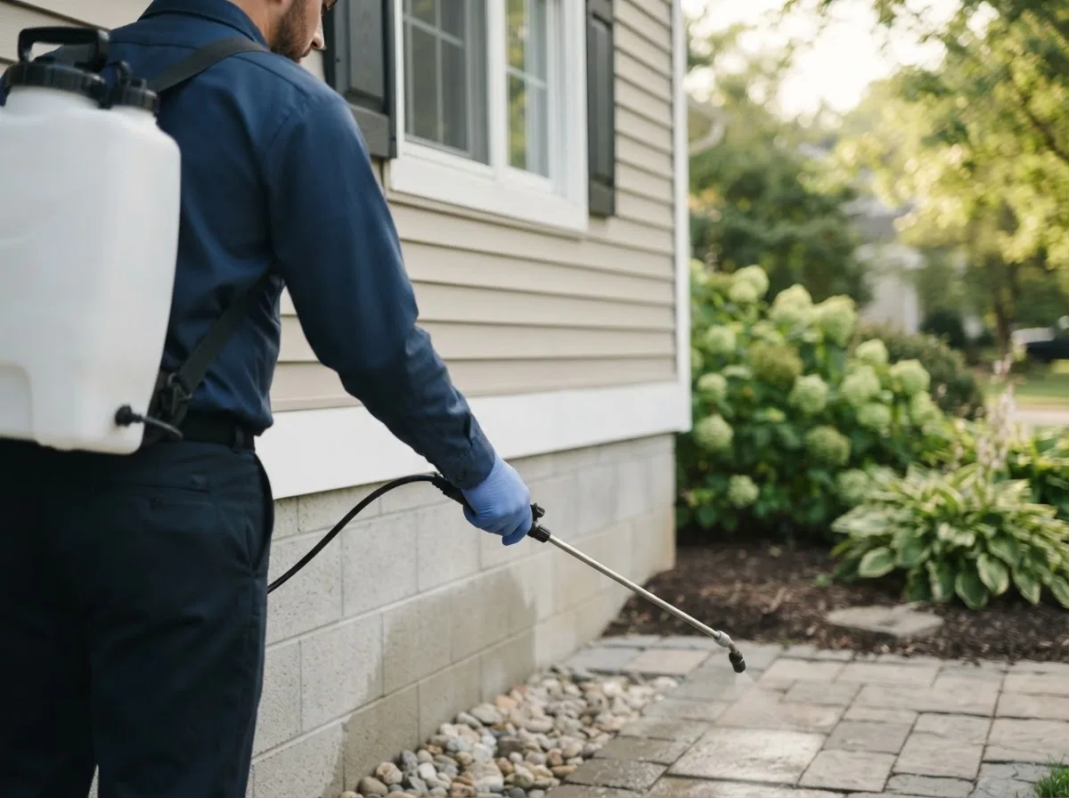 Pest control technician inspecting a home in Martinsburg, OH